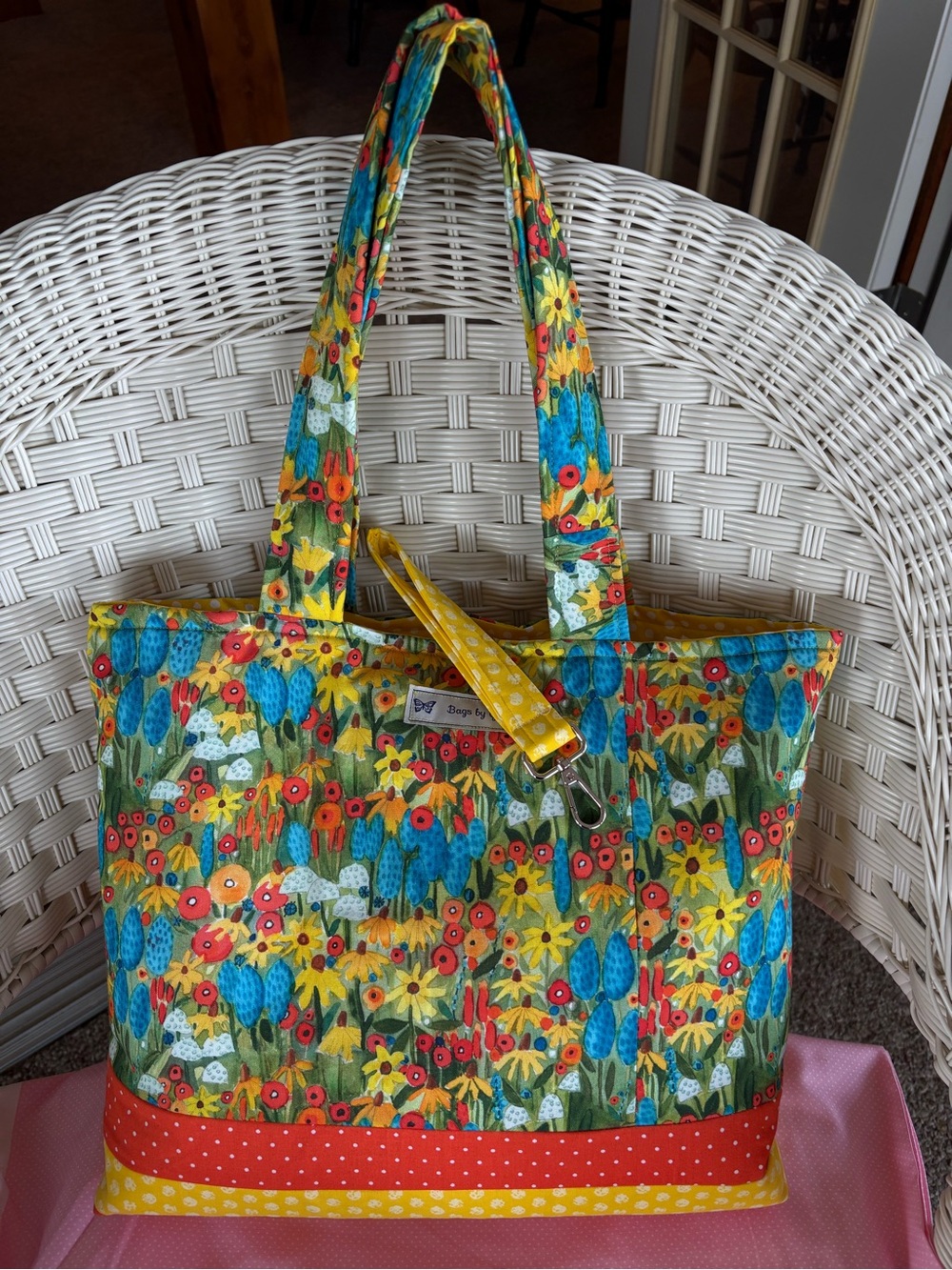 Handmade Floral Patchwork Quilted Tote Bag in Yellow and Blue